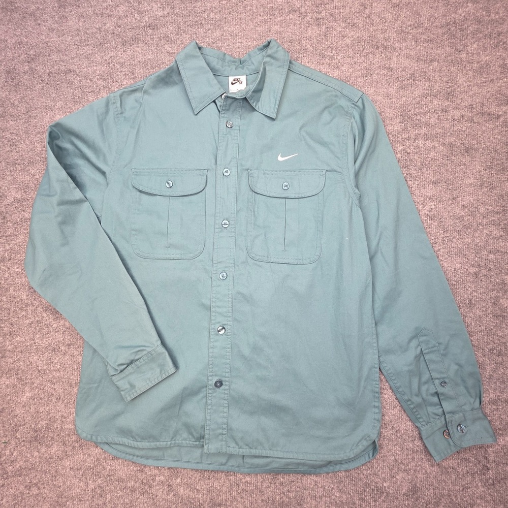 Nike SB Shirt Mens Medium Blue Button Up Long Sleeve Pockets Skateboarding Heavy